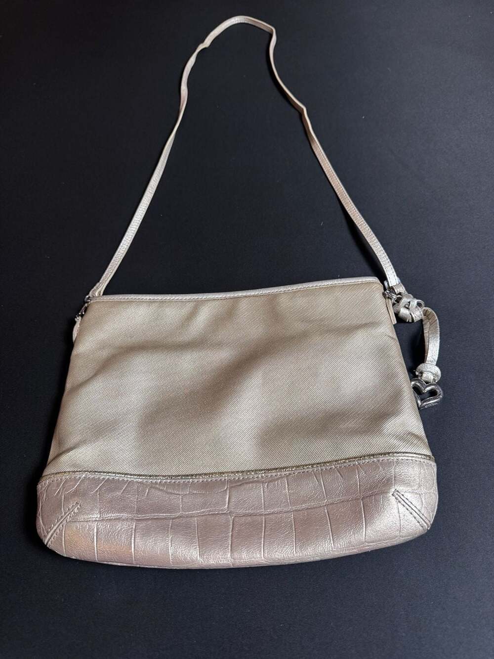 Brighton Metallic Gold Fabric and Croc-Embossed Leather Trim Crossbody Bag
